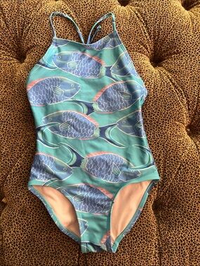Tea Collection Aqua One-Piece Swimsuit with Blue Fish Print size 8